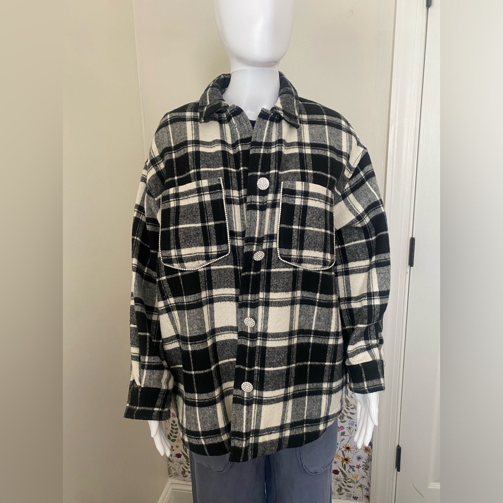 Zara Women’s Rhinestone Plaid Shirt REF. 2182/230 in Size Medium Black/White